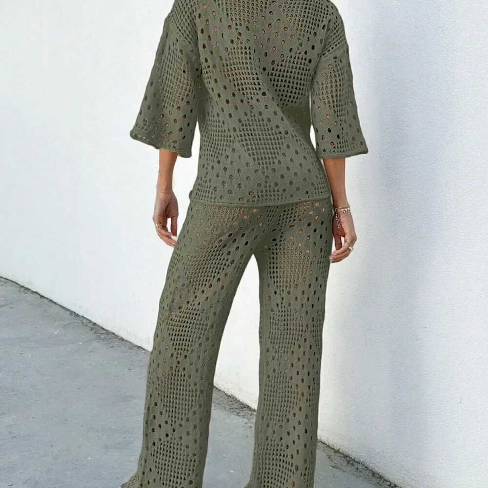 Olive Green Women's Set Rhombus Crochet Loose Batwing Cover Up And Loose Pants